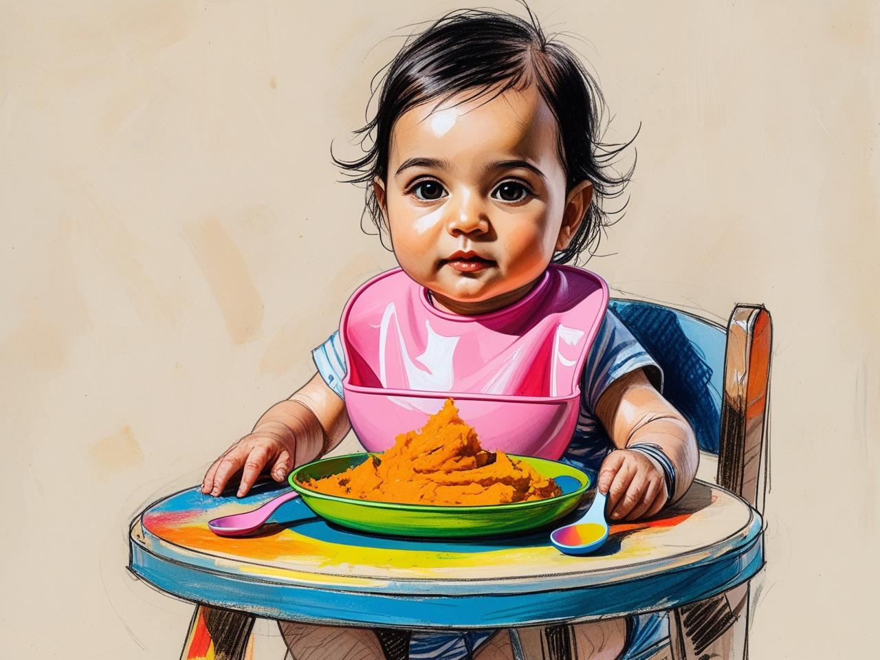 Bebê sentado com babador de silicone, comidinhas no prato e colher infantil