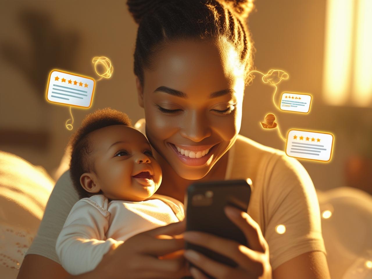 Mãe sorridente segurando um produto de bebê enquanto escreve uma avaliação no celular