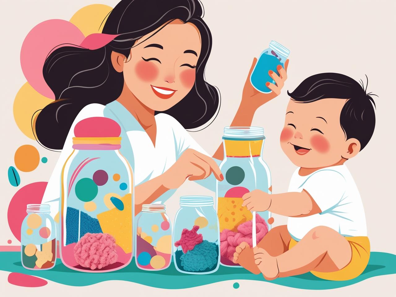 Mãe criando brinquedo sensorial com potes coloridos ao lado do bebê