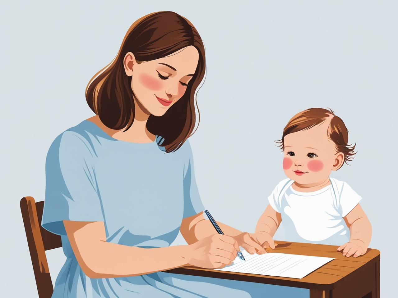 Mãe escrevendo uma carta com o bebê no colo