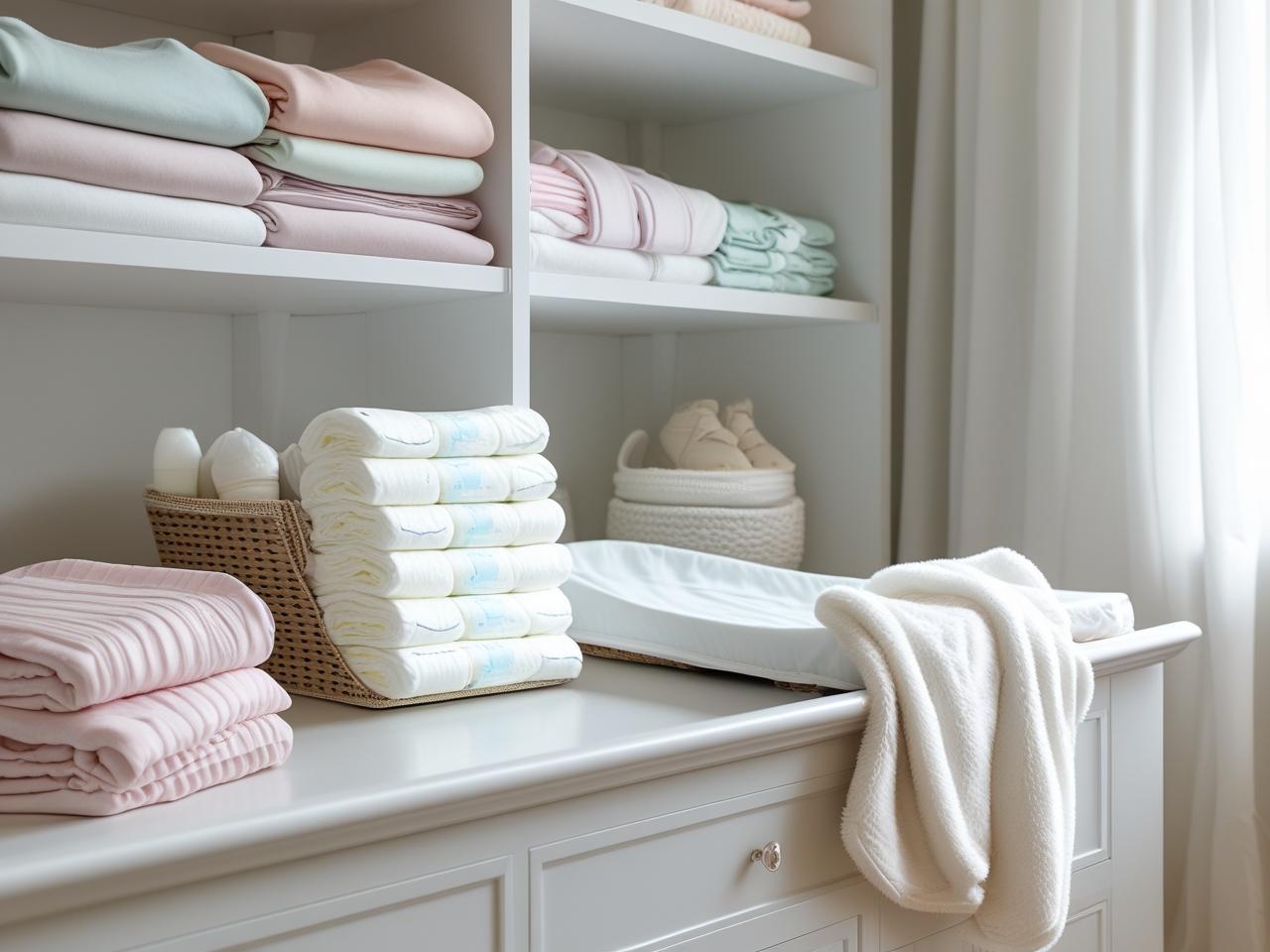 Quarto de bebê com itens do enxoval organizados como roupinhas, fraldas e manta