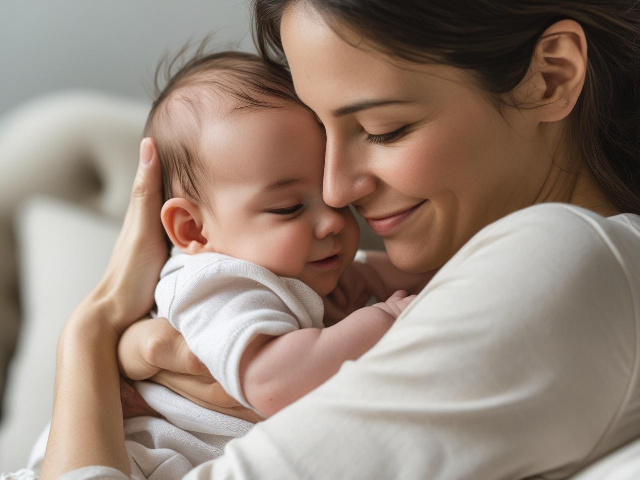 Mãe emocionada abraçando seu bebê