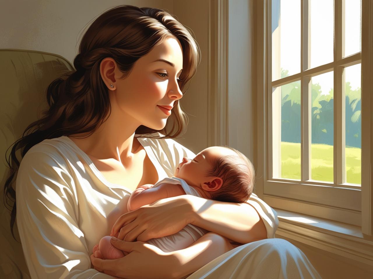 Mãe refletindo com o bebê ao lado