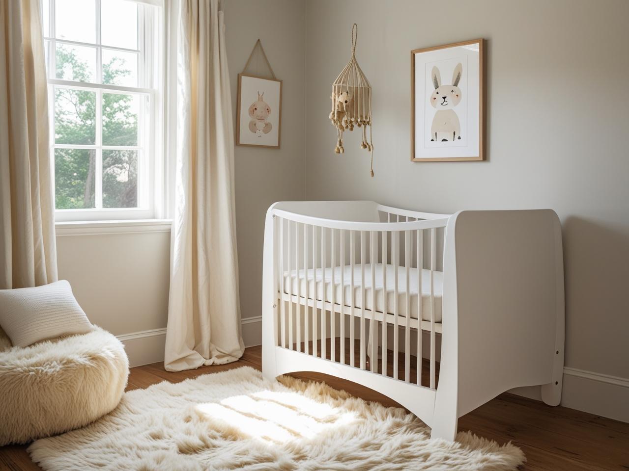 Quarto de bebê com berço branco, tapete macio e decoração em tons neutros