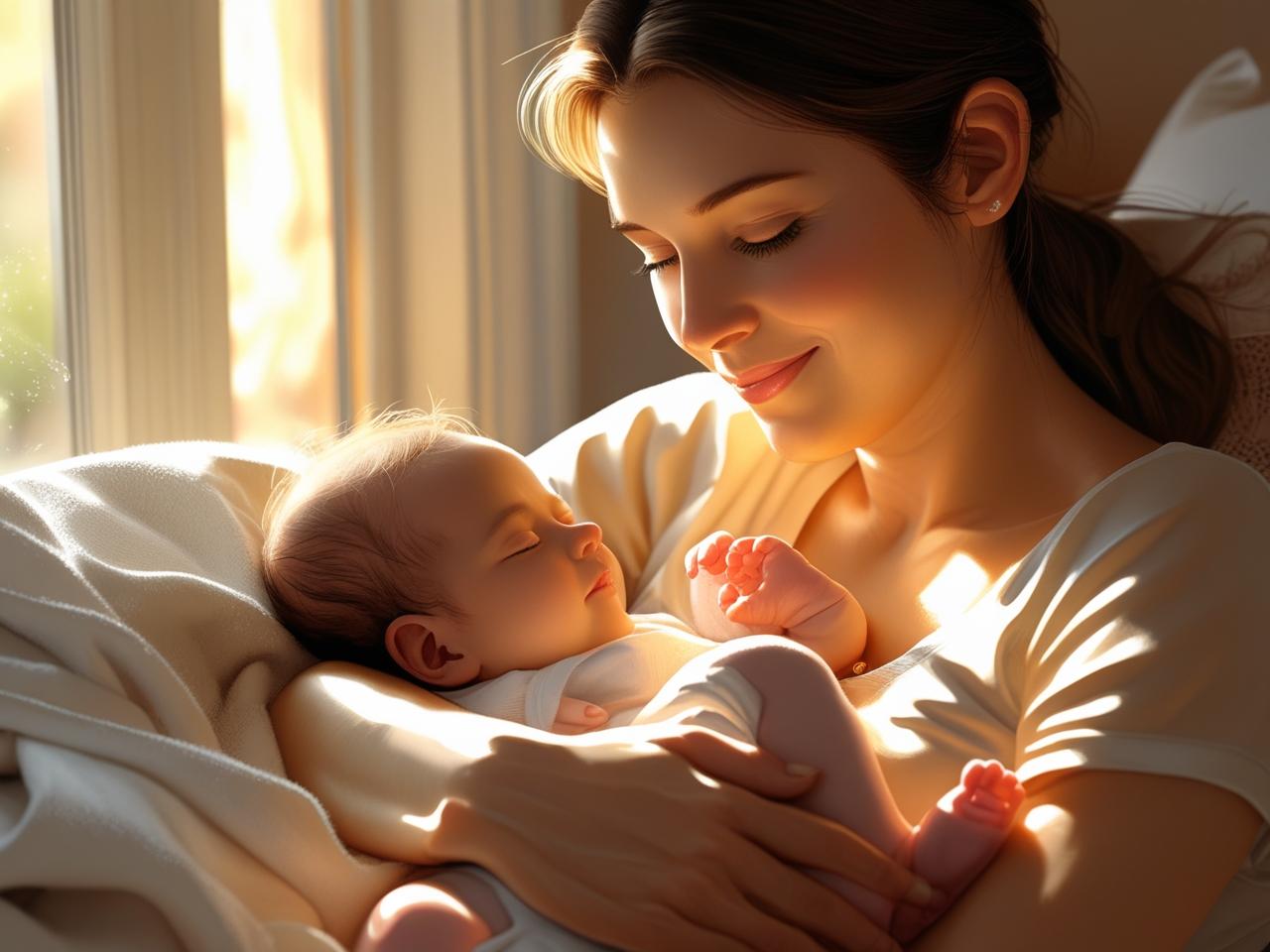 Mãe descansando com bebê no colo