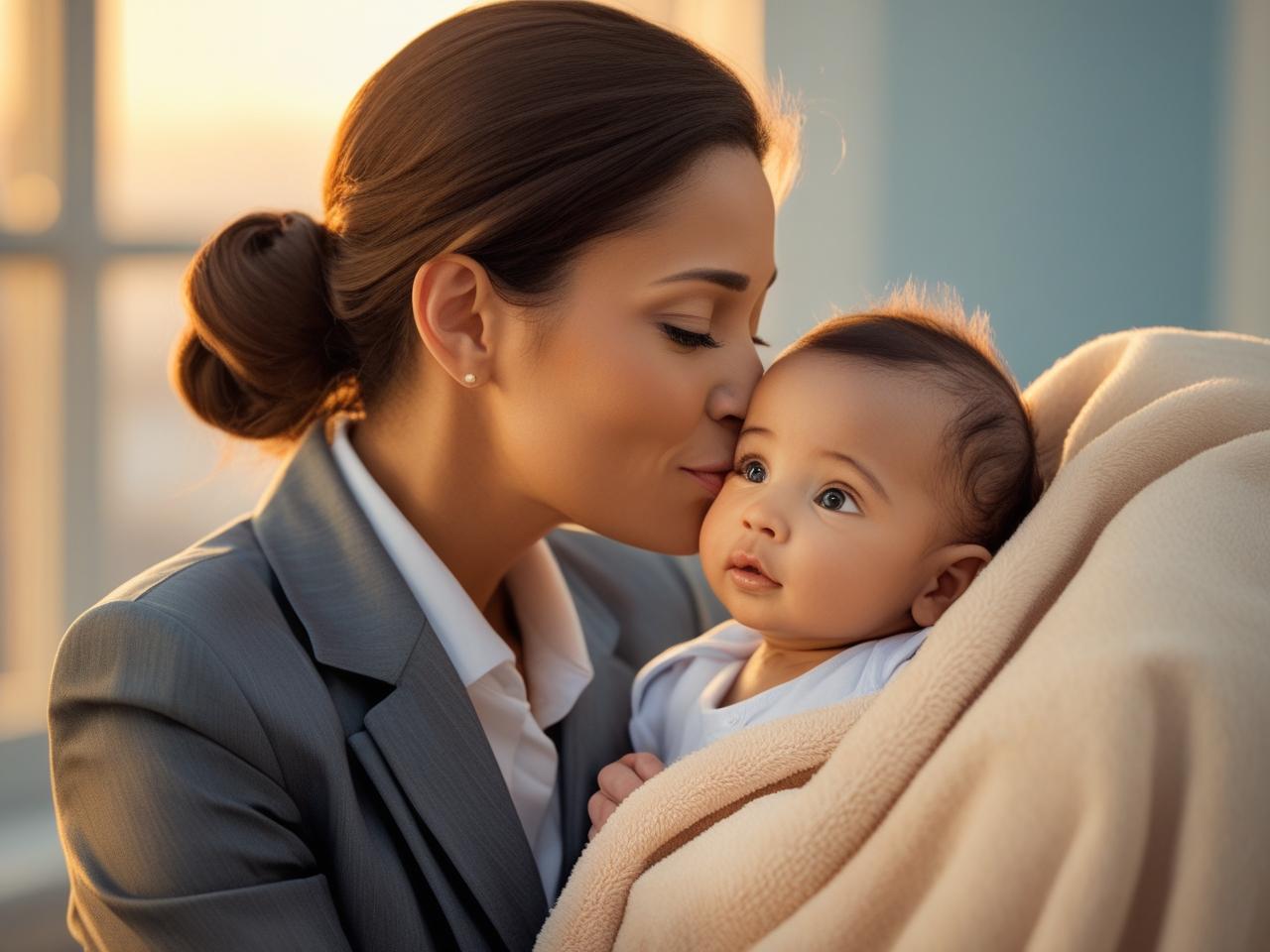 Mãe se despedindo do bebê ao sair para o trabalho